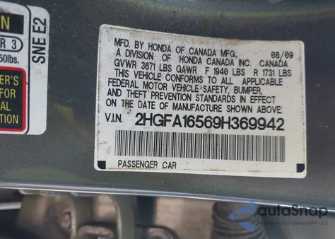 2009 Honda Civic Lx z USA, uszkodzony, nr VIN 2HGFA16569H369942